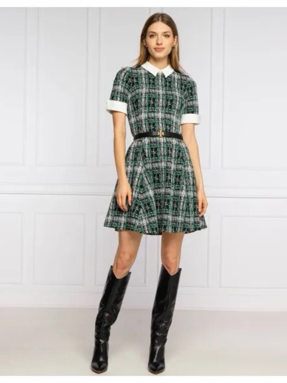DKNY Green Black White Plaid Short Sleeve Sheath ALine Dress with White Collar